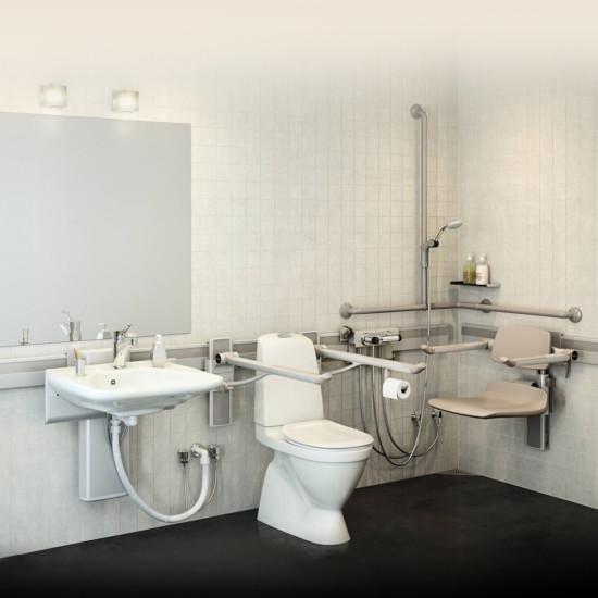 Algol Trehabilta esteettömän asumisen apuvälineet. Määrämittaisen Pressalit-vaakakiskojärjestelmän avulla voidaan erilaiset kylpyhuoneet helposti mukauttaa vastaamaan jokaisen käyttäjän tarpeita.