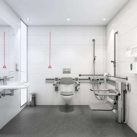 Algol Trehabilta esteettömän asumisen apuvälineet. Määrämittaisen Pressalit-vaakakiskojärjestelmän avulla voidaan erilaiset kylpyhuoneet helposti mukauttaa vastaamaan jokaisen käyttäjän tarpeita.