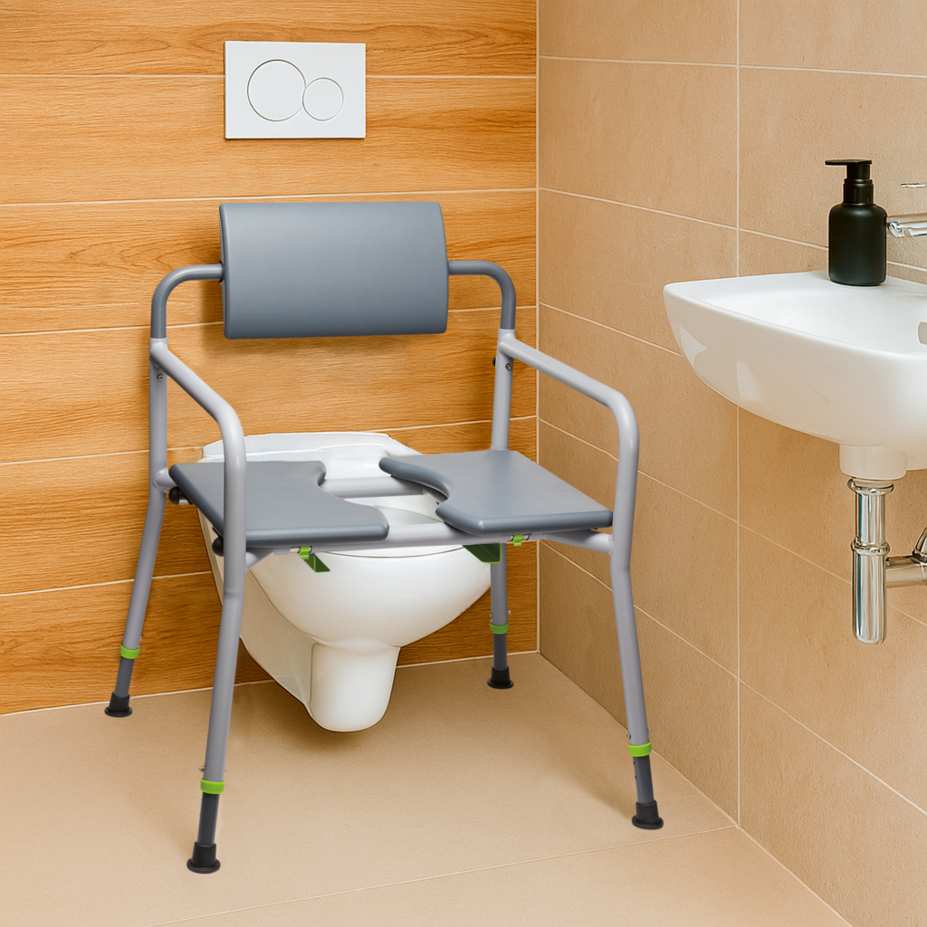 Kevyt alumiinirakenteinen suihkutuoli tarjoaa muunneltavuutta sekä optimaalisen ja turvallisen tuen hygieniatilanteissa aina 250 kg painoon asti.