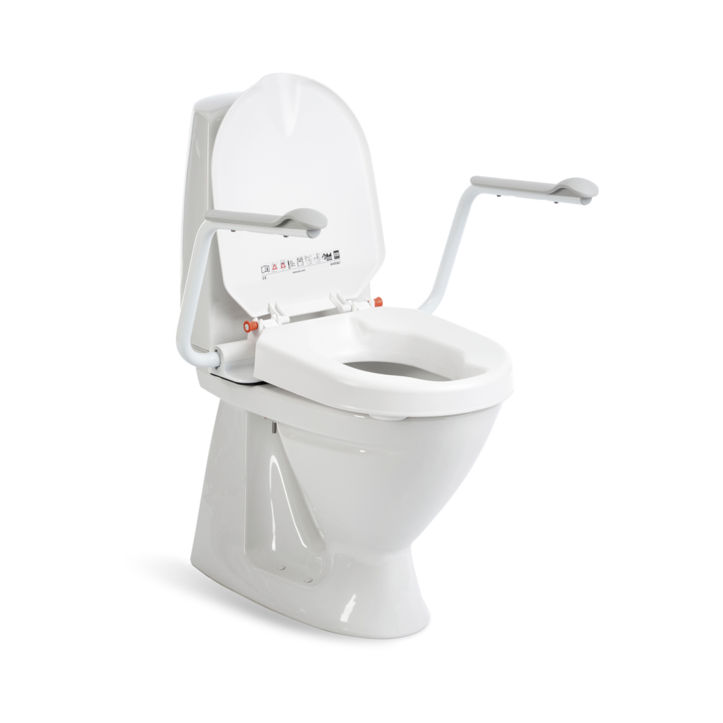 Etac Hi-Loo -kiinteä wc-korotus, 6 cm - käsituet, kansi auki
