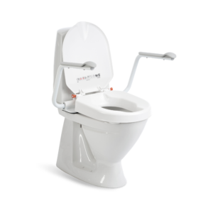 Etac Hi-Loo -kiinteä wc-korotus, 6 cm - käsituet, kansi auki
