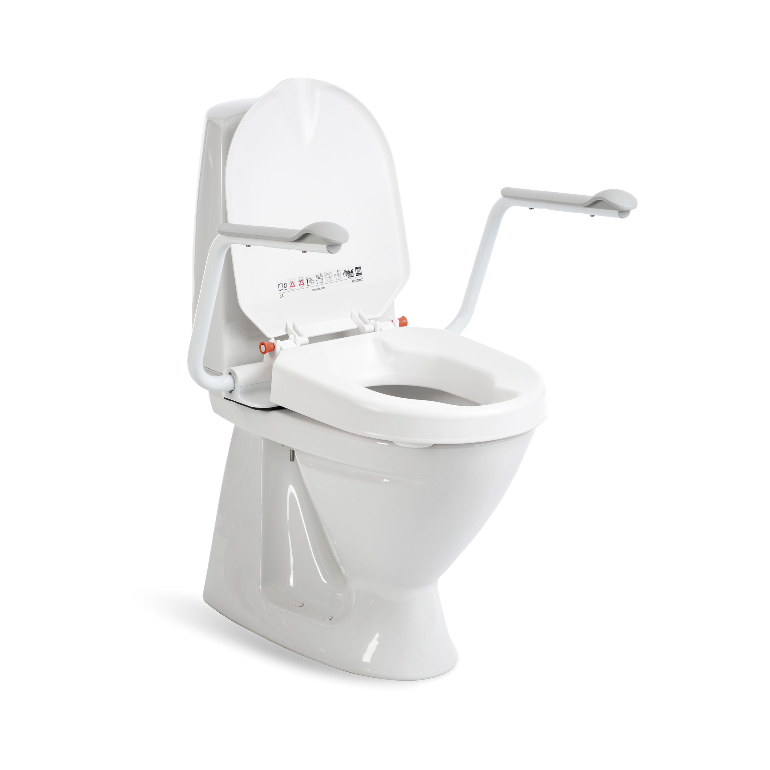Etac Hi-Loo -kiinteä wc-korotus, 6 cm - käsituet, kansi auki
