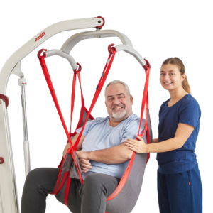 Molift Mover 300 -henkilönostolaite - Molift RgoSling MediumBack Padded -nostoliina - hoitaja ja potilas